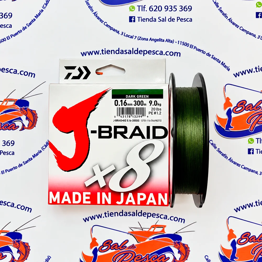 HILO TRENZADO DAIWA J-BRAID 8X 300MT. 0,16MM. COLOR VERDE