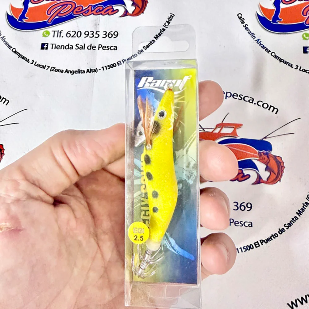 MUESTRA CALAMAR RAGOT BEGIX EGI 2.5 COLOR YELLOW DOTS NAT 10CM. 13GR.